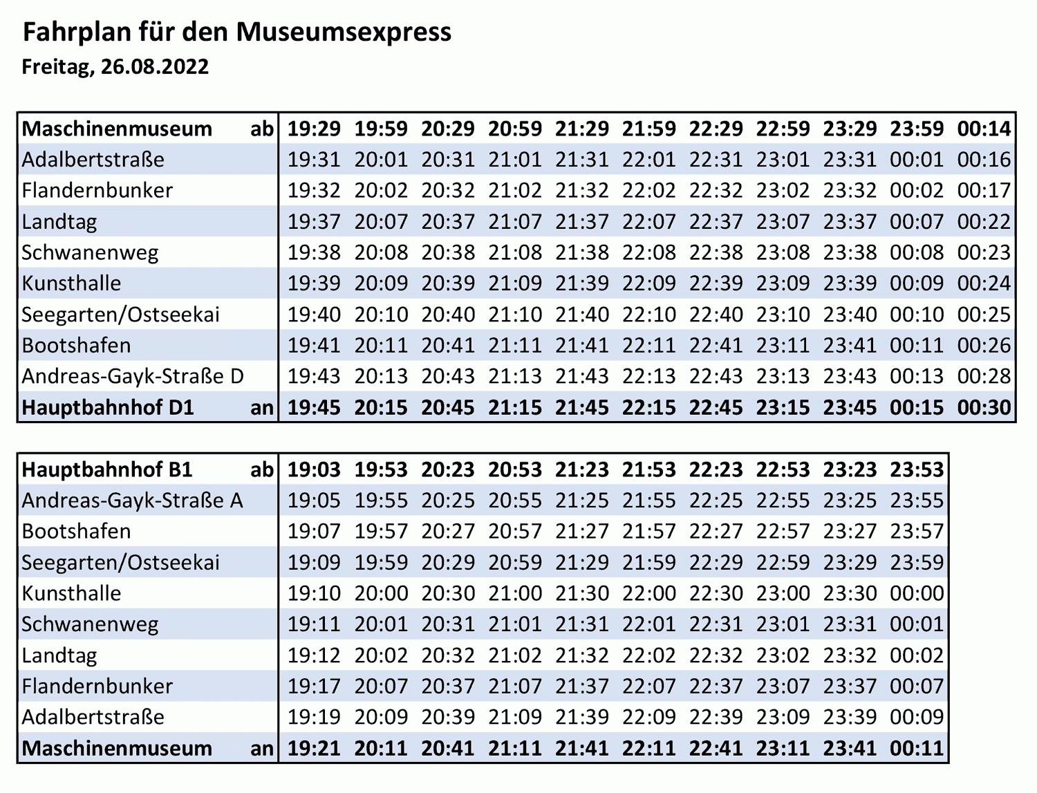 Fahrplan Museumsexpress 2022